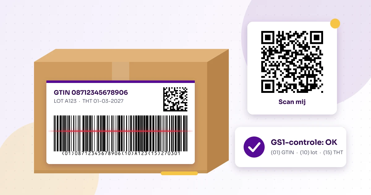 Doos met etiket met een GS1-128-barcode en GS1 DataMatrix, een QR-code en een geslaagde GS1-controle